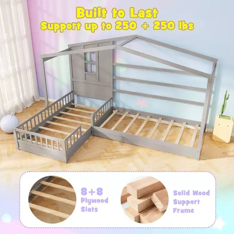 Costway L-shaped Double Twin Beds House Platform Beds w/ Window & Fences ray