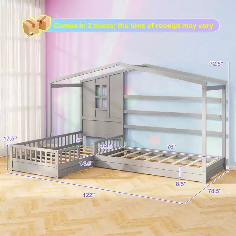 Costway L-shaped Double Twin Beds House Platform Beds w/ Window & Fences ray