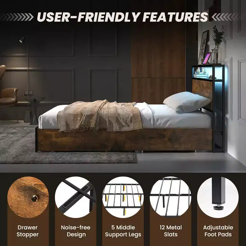 Costway Full/Queen Industrial Platform Bed Frame with Storage Drawers & LED Lights Headboard