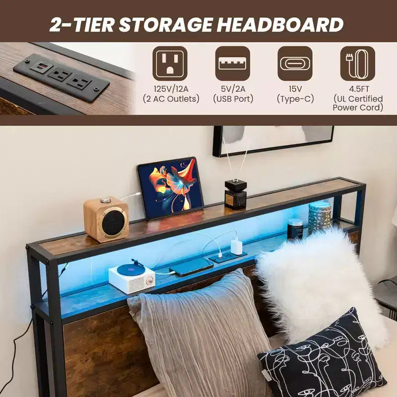 Costway Full/Queen Industrial Platform Bed Frame with Storage Drawers & LED Lights Headboard