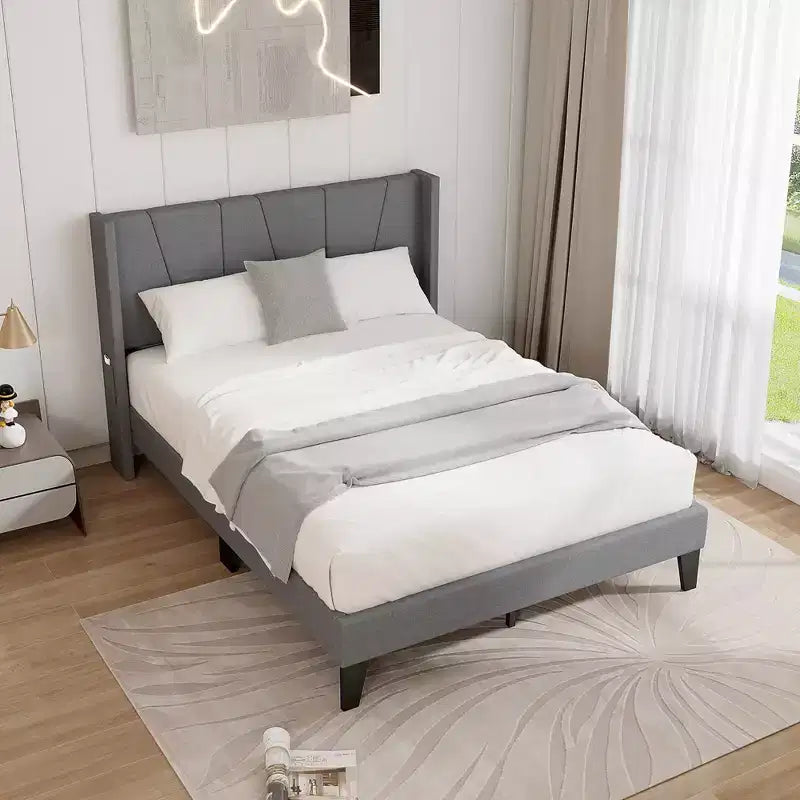 Costway Full Size Upholstered Bed Frame w/ Elastic Pockets Mattress Foundation Gray