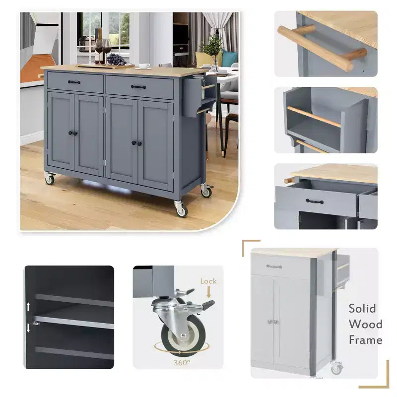 Rolling Kitchen Island Cart on Wheels with Solid Wood Top and Locking Wheels, 54.3 Inch Width, 4 Door Cabinet and Two Drawers, Spice Rack