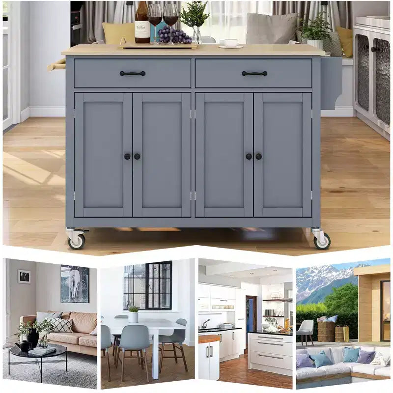 Rolling Kitchen Island Cart on Wheels with Solid Wood Top and Locking Wheels, 54.3 Inch Width, 4 Door Cabinet and Two Drawers, Spice Rack
