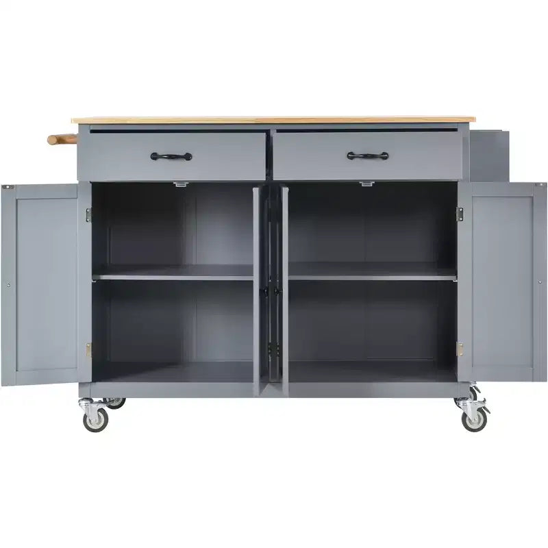 Rolling Kitchen Island Cart on Wheels with Solid Wood Top and Locking Wheels, 54.3 Inch Width, 4 Door Cabinet and Two Drawers, Spice Rack