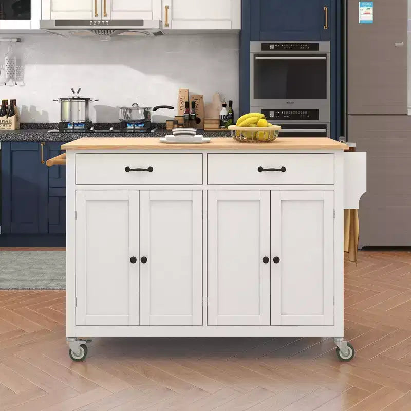 Rolling Kitchen Island Cart on Wheels with Solid Wood Top and Locking Wheels, 54.3 Inch Width, 4 Door Cabinet and Two Drawers, Spice Rack