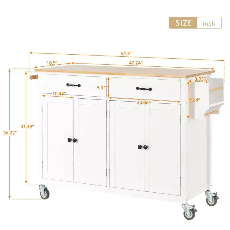 Rolling Kitchen Island Cart on Wheels with Solid Wood Top and Locking Wheels, 54.3 Inch Width, 4 Door Cabinet and Two Drawers, Spice Rack