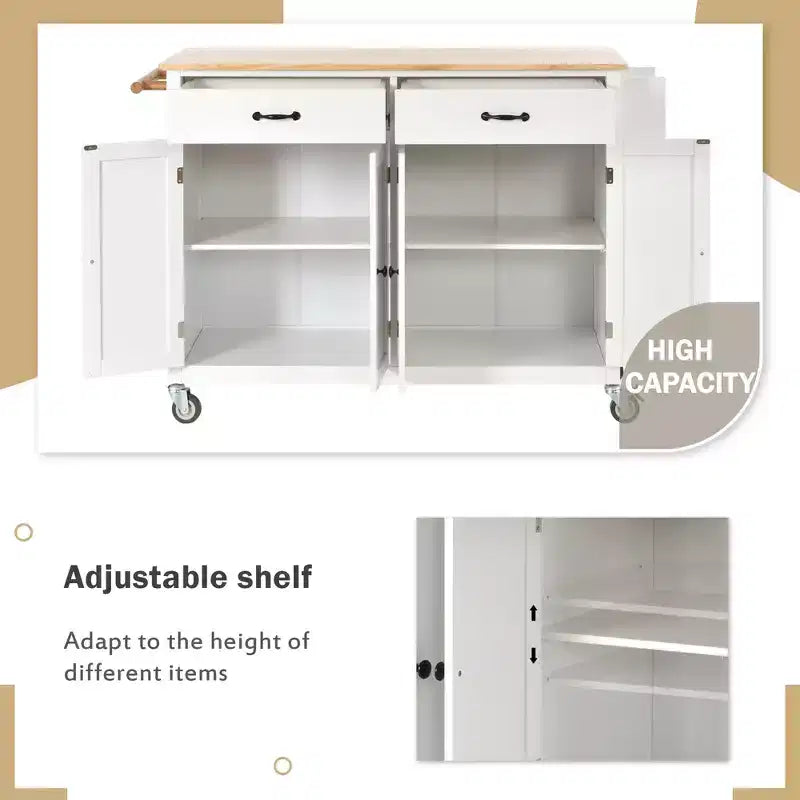 Rolling Kitchen Island Cart on Wheels with Solid Wood Top and Locking Wheels, 54.3 Inch Width, 4 Door Cabinet and Two Drawers, Spice Rack
