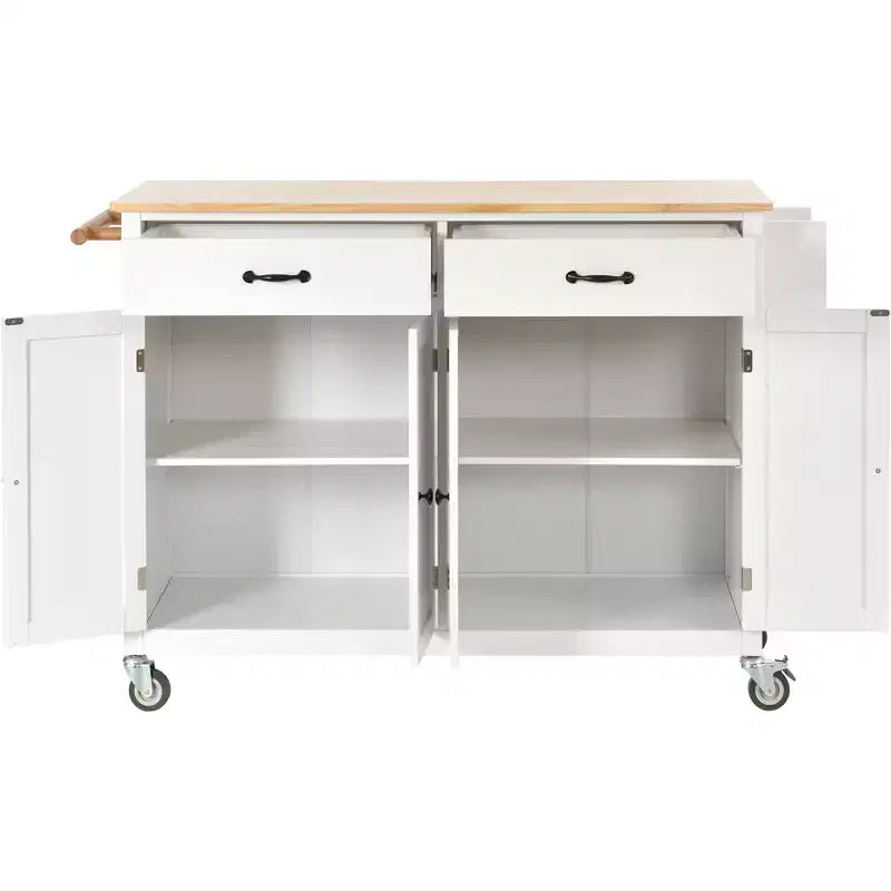 Rolling Kitchen Island Cart on Wheels with Solid Wood Top and Locking Wheels, 54.3 Inch Width, 4 Door Cabinet and Two Drawers, Spice Rack