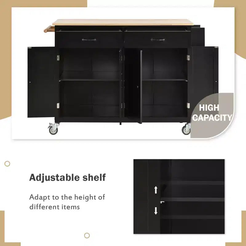 Rolling Kitchen Island Cart on Wheels with Solid Wood Top and Locking Wheels, 54.3 Inch Width, 4 Door Cabinet and Two Drawers, Spice Rack