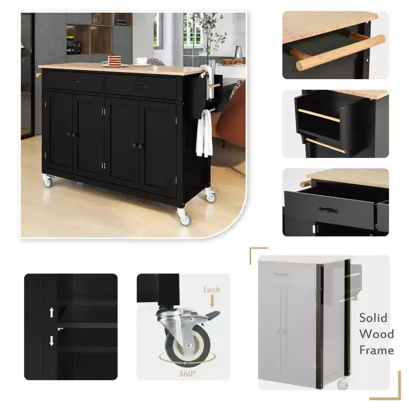 Rolling Kitchen Island Cart on Wheels with Solid Wood Top and Locking Wheels, 54.3 Inch Width, 4 Door Cabinet and Two Drawers, Spice Rack