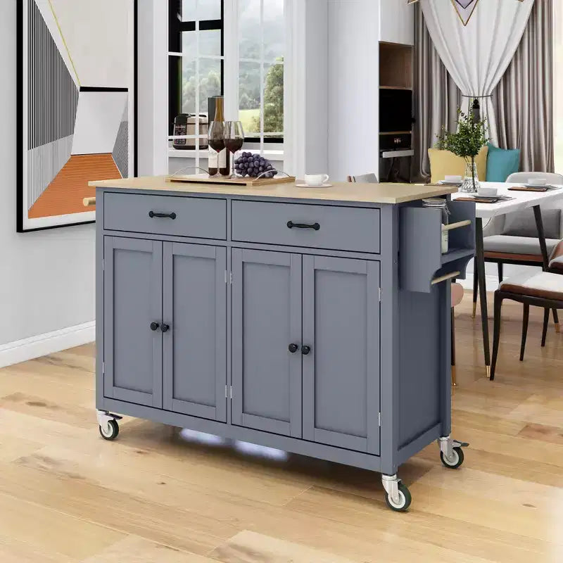 Rolling Kitchen Island Cart on Wheels with Solid Wood Top and Locking Wheels, 54.3 Inch Width, 4 Door Cabinet and Two Drawers, Spice Rack