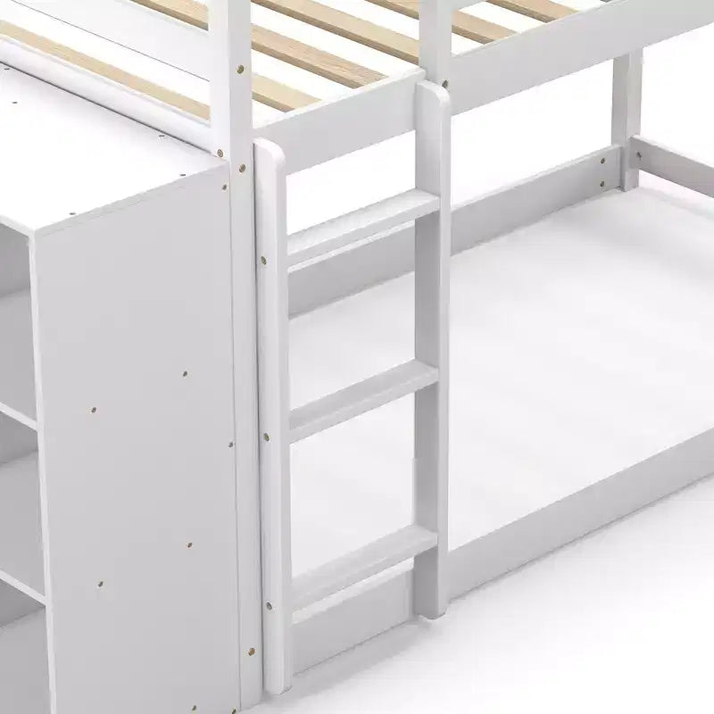 Costway Twin Over Twin Bunk Bed Wood Frame Storage Shelves Ladder Guardrails Kids White