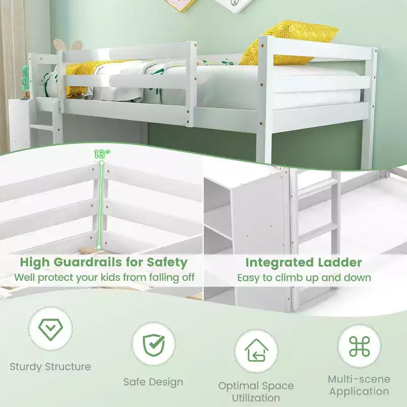 Costway Twin Over Twin Bunk Bed Wood Frame Storage Shelves Ladder Guardrails Kids White