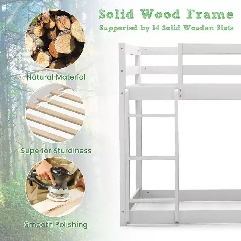 Costway Twin Over Twin Bunk Bed Wood Frame Storage Shelves Ladder Guardrails Kids White