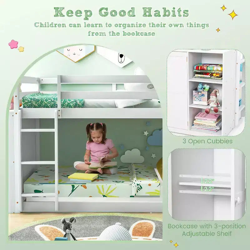 Costway Twin Over Twin Bunk Bed Wood Frame Storage Shelves Ladder Guardrails Kids White