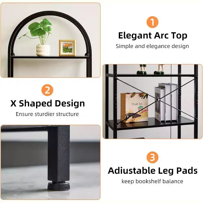 Bookshelf 5 Tier,Arched Display Racks,Tall Shelf for CDs/Books, Modern Storage Rack Shelf Large Wood Book Shelf for Bedroom, Living Room, Home Office