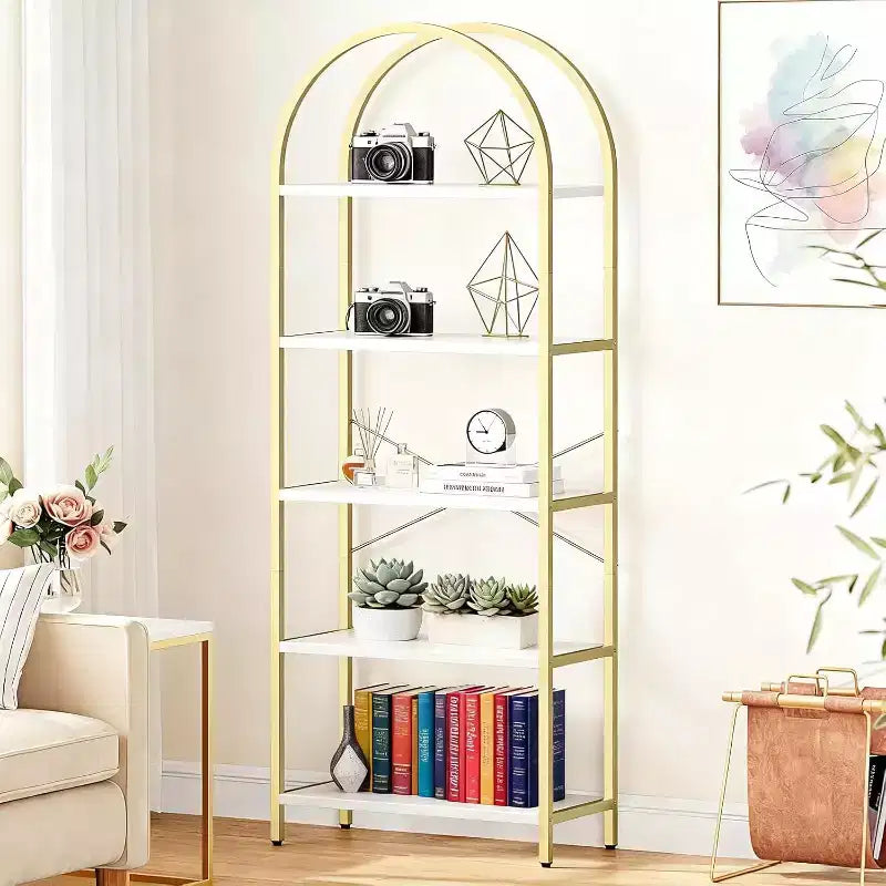 Bookshelf 5 Tier,Arched Display Racks,Tall Shelf for CDs/Books, Modern Storage Rack Shelf Large Wood Book Shelf for Bedroom, Living Room, Home Office