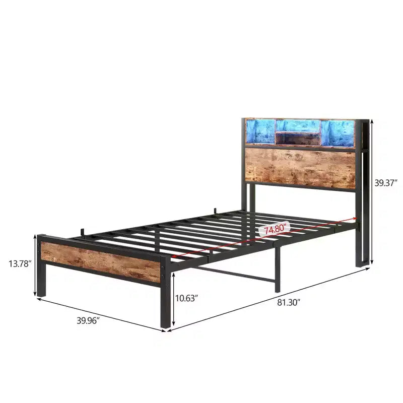 GDFStudio Kian Modern Twin Size Metal Platform Bed Frame with Storage Headboard, Charging Station and LED Lights
