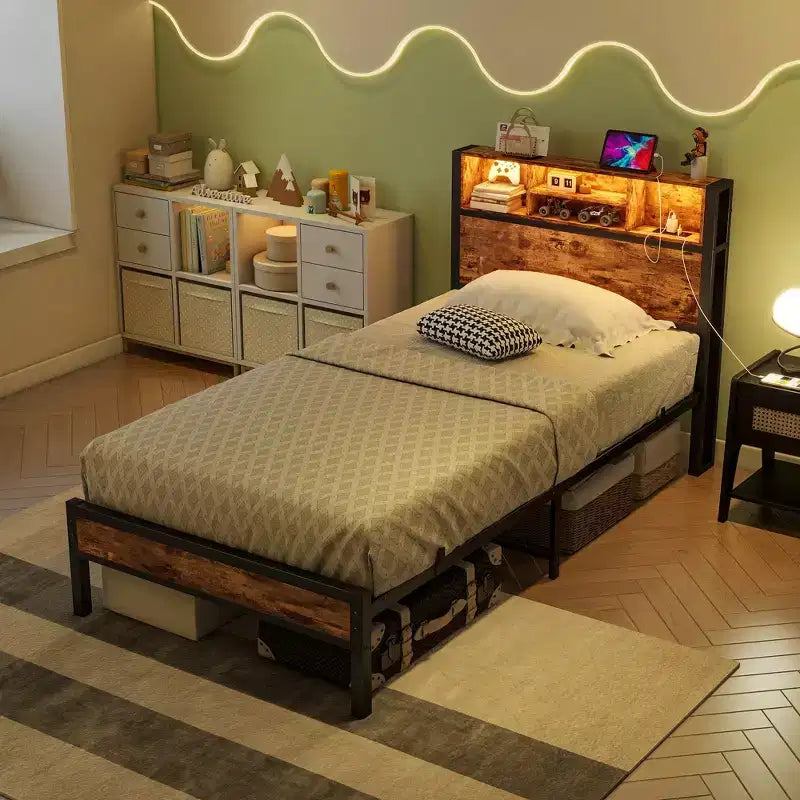 GDFStudio Kian Modern Twin Size Metal Platform Bed Frame with Storage Headboard, Charging Station and LED Lights