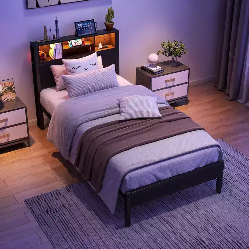 GDFStudio Kian Modern Twin Size Metal Platform Bed Frame with Storage Headboard, Charging Station and LED Lights
