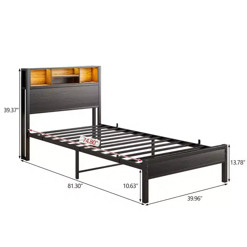 GDFStudio Kian Modern Twin Size Metal Platform Bed Frame with Storage Headboard, Charging Station and LED Lights