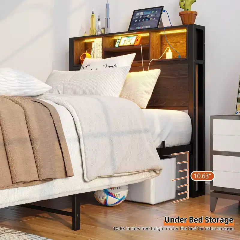 GDFStudio Kian Modern Twin Size Metal Platform Bed Frame with Storage Headboard, Charging Station and LED Lights