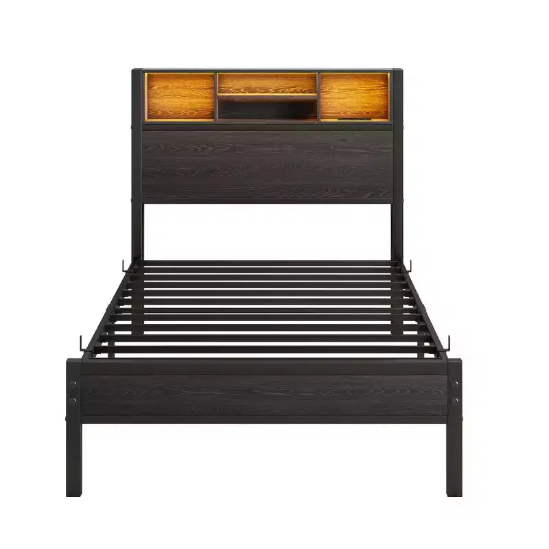 GDFStudio Kian Modern Twin Size Metal Platform Bed Frame with Storage Headboard, Charging Station and LED Lights