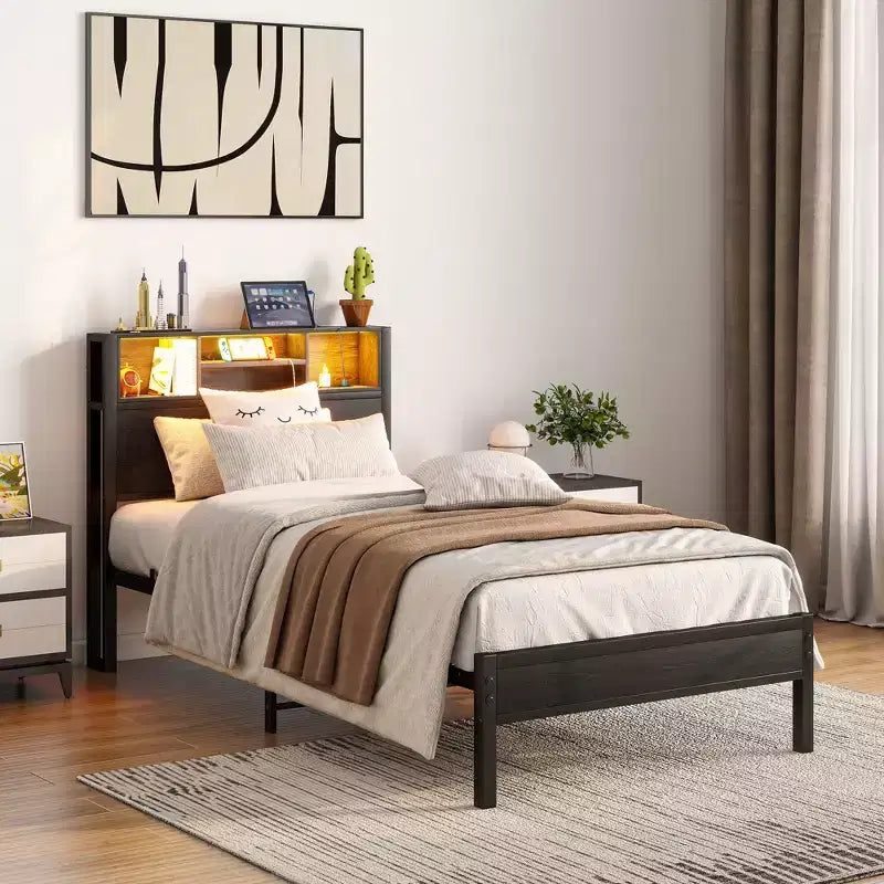 GDFStudio Kian Modern Twin Size Metal Platform Bed Frame with Storage Headboard, Charging Station and LED Lights