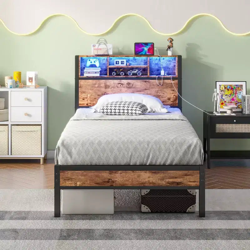 GDFStudio Kian Modern Twin Size Metal Platform Bed Frame with Storage Headboard, Charging Station and LED Lights