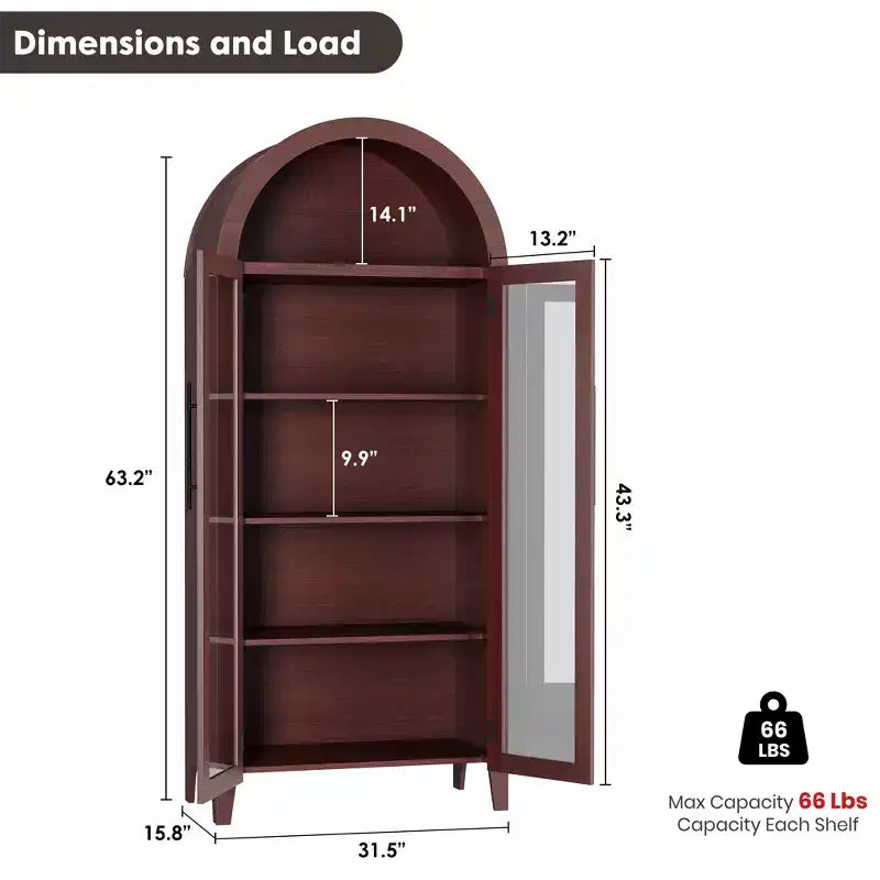 Arched Kitchen Pantry Cabinet - Farmhouse 5 Tier Display Shelf with Adjustable Shelf and 2 Large Glass Doors, Versatile Storage Cupboard