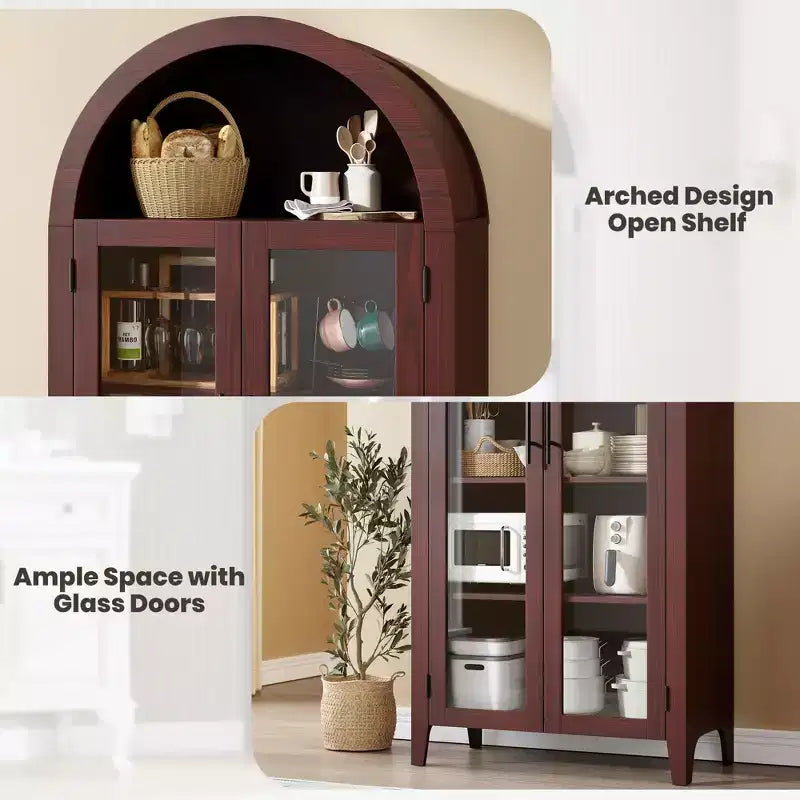 Arched Kitchen Pantry Cabinet - Farmhouse 5 Tier Display Shelf with Adjustable Shelf and 2 Large Glass Doors, Versatile Storage Cupboard