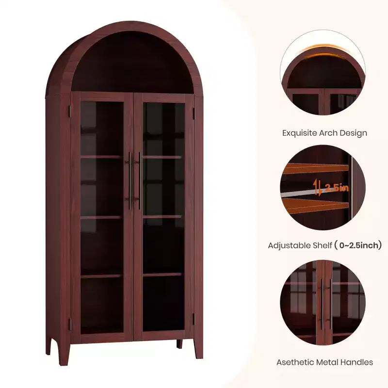 Arched Kitchen Pantry Cabinet - Farmhouse 5 Tier Display Shelf with Adjustable Shelf and 2 Large Glass Doors, Versatile Storage Cupboard