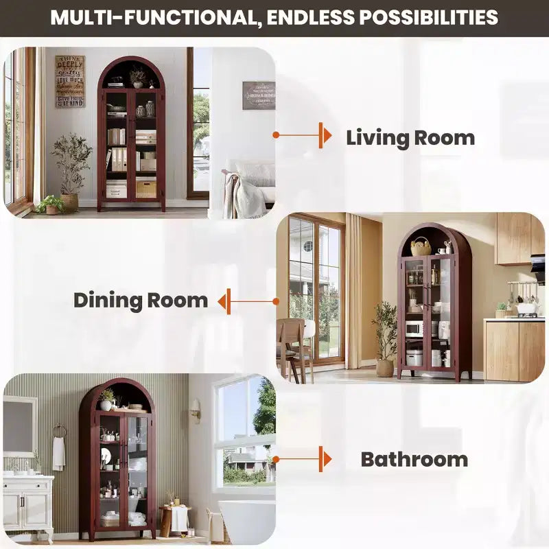 Arched Kitchen Pantry Cabinet - Farmhouse 5 Tier Display Shelf with Adjustable Shelf and 2 Large Glass Doors, Versatile Storage Cupboard