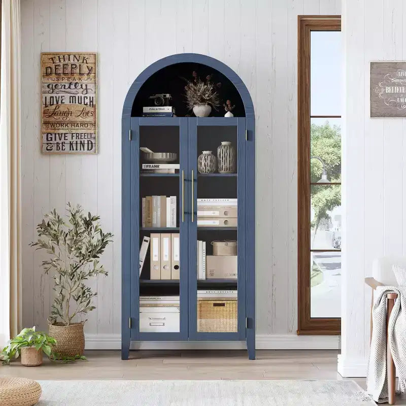 Arched Kitchen Pantry Cabinet - Farmhouse 5 Tier Display Shelf with Adjustable Shelf and 2 Large Glass Doors, Versatile Storage Cupboard