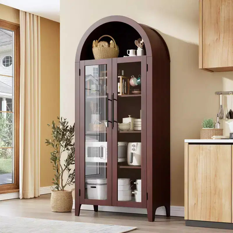 Arched Kitchen Pantry Cabinet - Farmhouse 5 Tier Display Shelf with Adjustable Shelf and 2 Large Glass Doors, Versatile Storage Cupboard