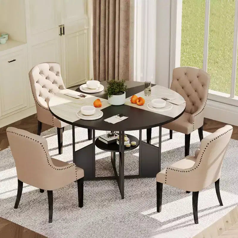 Round Dining Table for 4-6 People - Modern Farmhouse Wooden Circle Kitchen Table with Storage Shelf, Waterproof Tabletop Breakfast Nook Furniture
