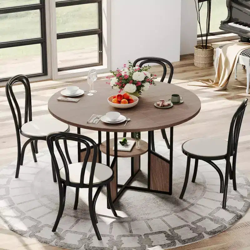 Round Dining Table for 4-6 People - Modern Farmhouse Wooden Circle Kitchen Table with Storage Shelf, Waterproof Tabletop Breakfast Nook Furniture