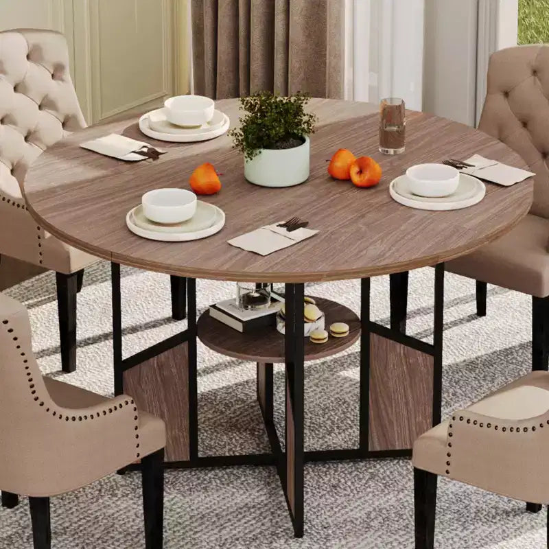 Round Dining Table for 4-6 People - Modern Farmhouse Wooden Circle Kitchen Table with Storage Shelf, Waterproof Tabletop Breakfast Nook Furniture