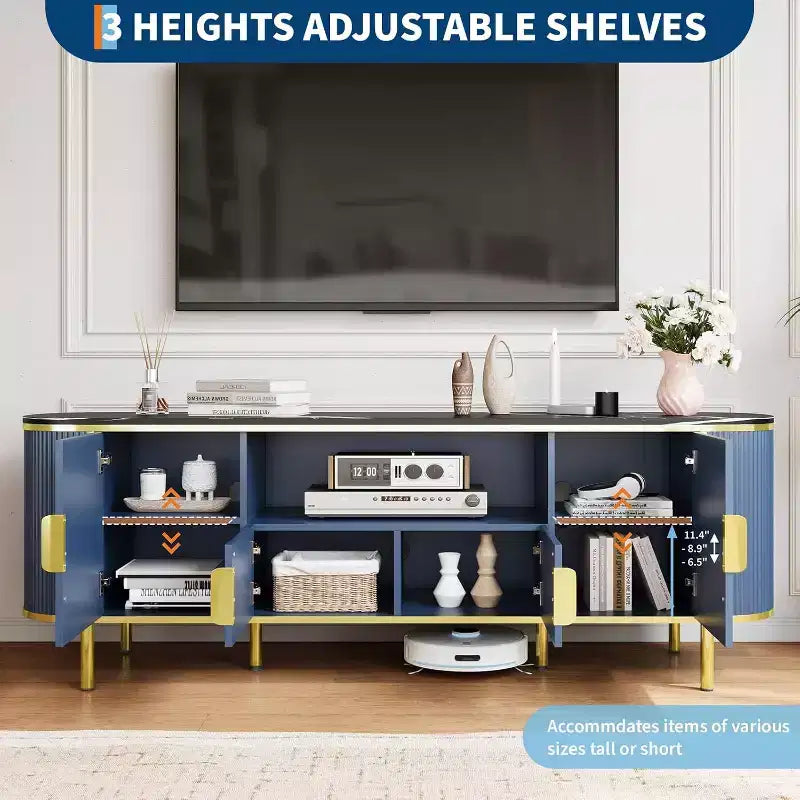 MDF Round Wave Pattern Four-Door TV Stand 70 Large Luxury Entertainment Center, Adjustable Shelves