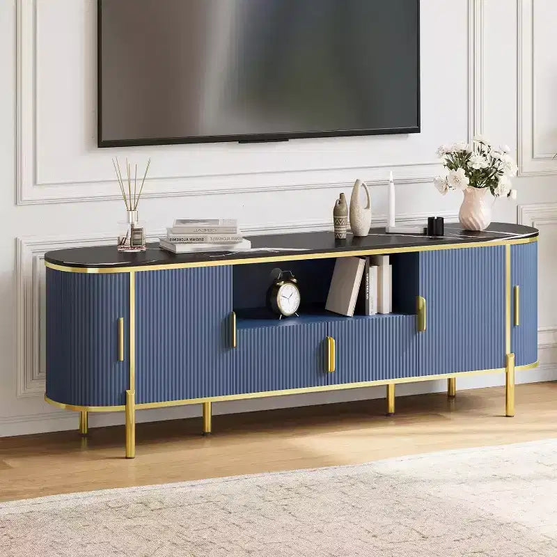 MDF Round Wave Pattern Four-Door TV Stand 70 Large Luxury Entertainment Center, Adjustable Shelves