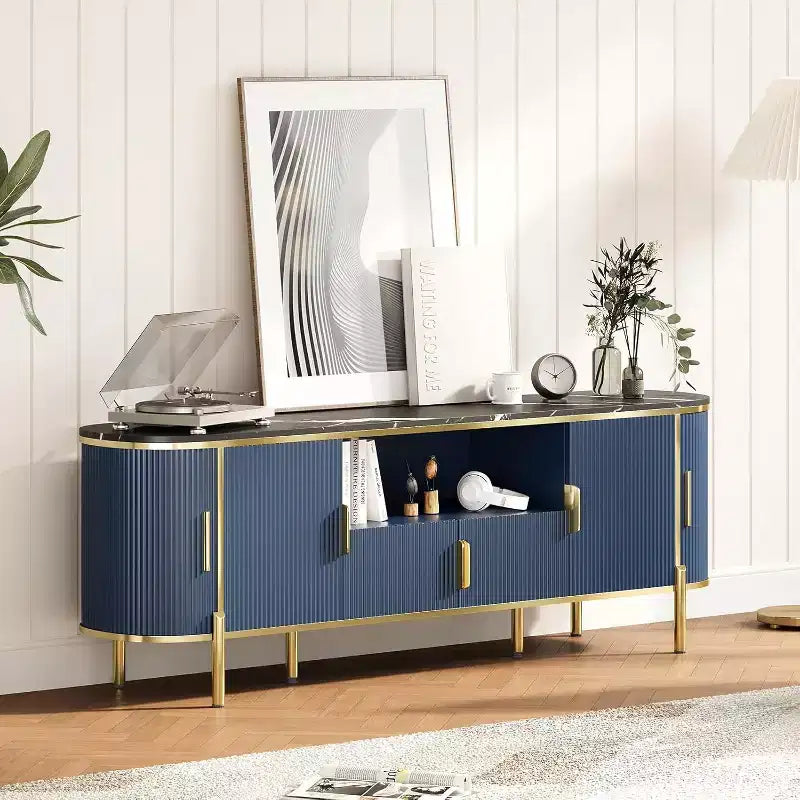 MDF Round Wave Pattern Four-Door TV Stand 70 Large Luxury Entertainment Center, Adjustable Shelves