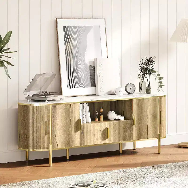 MDF Round Wave Pattern Four-Door TV Stand 70 Large Luxury Entertainment Center, Adjustable Shelves