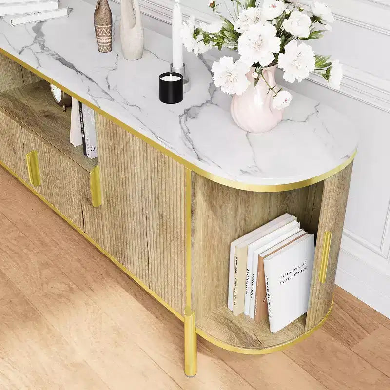 MDF Round Wave Pattern Four-Door TV Stand 70 Large Luxury Entertainment Center, Adjustable Shelves