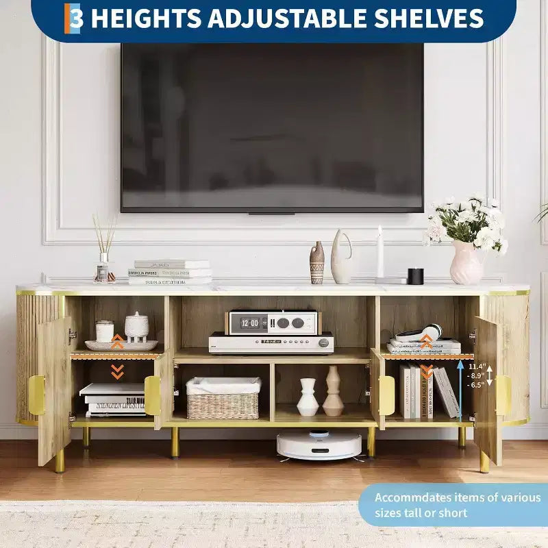 MDF Round Wave Pattern Four-Door TV Stand 70 Large Luxury Entertainment Center, Adjustable Shelves