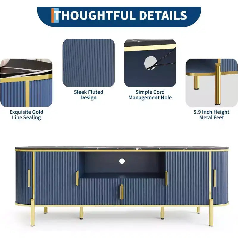 MDF Round Wave Pattern Four-Door TV Stand 70 Large Luxury Entertainment Center, Adjustable Shelves