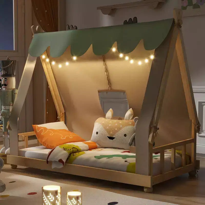 Okak Twin/Full House-Shaped Floor Canopy Beds with Tent & Light Decor,Platform Bed Frame for Kids,Teens,No Spring Box Needed