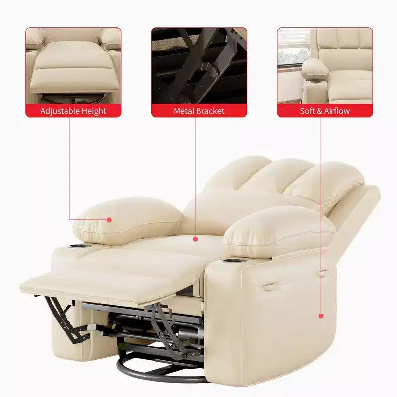 Massage Recliner Chair for Adults, Swivel Rocker with Heat, PU Leather, Remote, Cup Holders, Side Pocket, Wide Recliner for Living Room, Bedroom