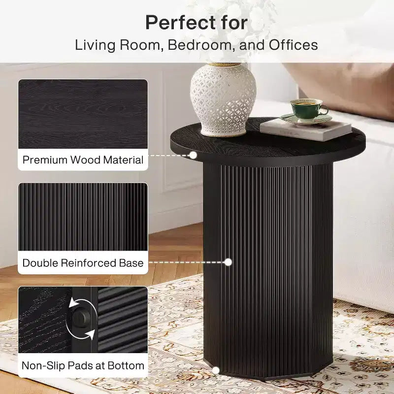 Lantine Round End Table, Farmhouse Pedestal Side Table, Fluted Wooden Nightstand Drink Stand for Living Room, Bedroom,Black