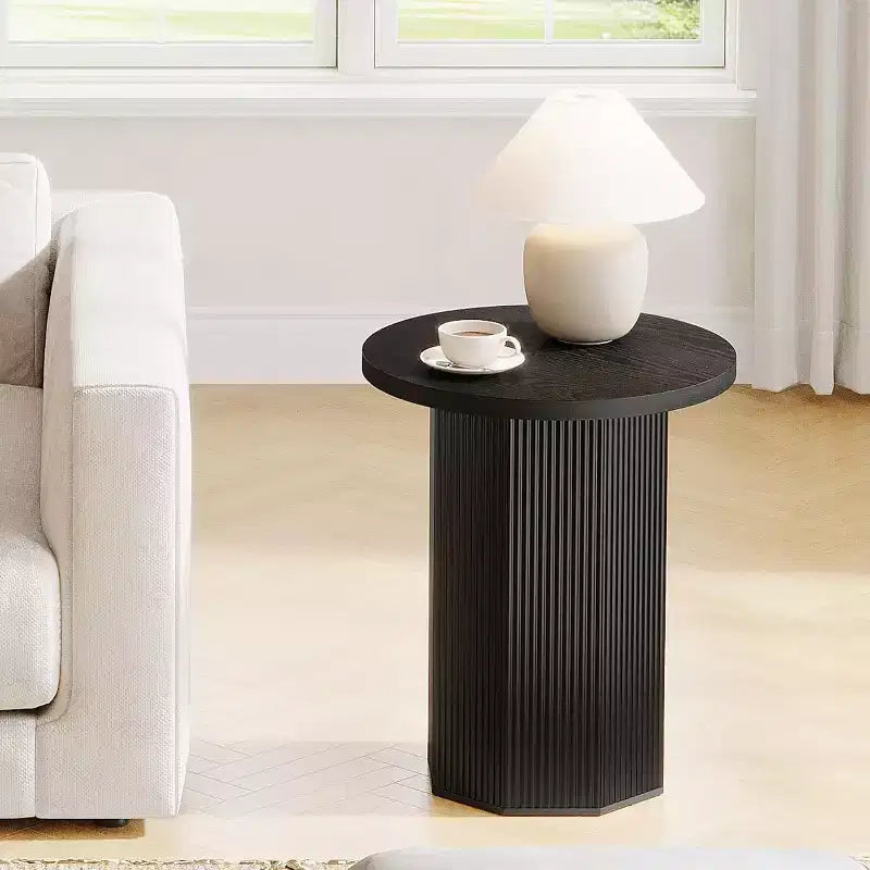 Lantine Round End Table, Farmhouse Pedestal Side Table, Fluted Wooden Nightstand Drink Stand for Living Room, Bedroom,Black
