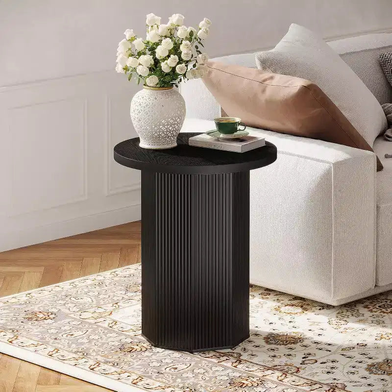 Lantine Round End Table, Farmhouse Pedestal Side Table, Fluted Wooden Nightstand Drink Stand for Living Room, Bedroom,Black